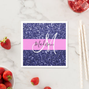 Glam Navy Blue Pink Glitter Sparkles Name Monogram Napkin