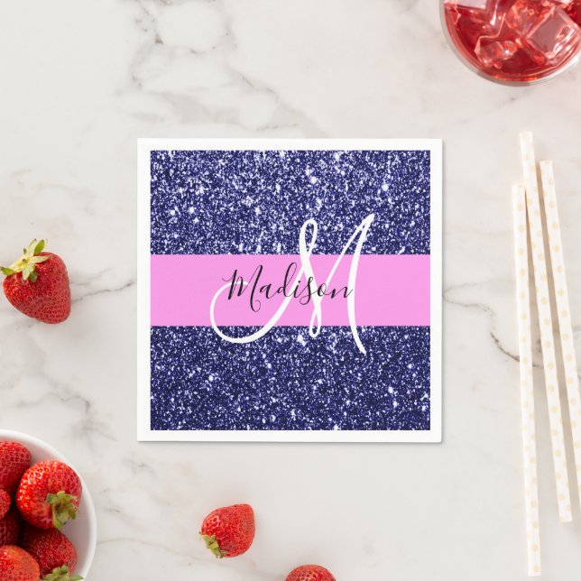 Glam Navy Blue Pink Glitter Sparkles Name Monogram Napkin (Insitu)