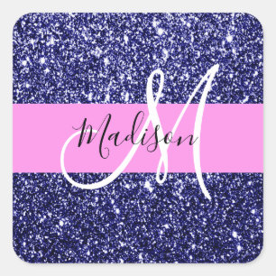 Glam Navy Blue Pink Glitter Sparkles Name Monogram Square Sticker