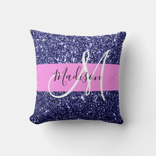 Glam Navy Blue Pink Glitter Sparkles Name Monogram Throw Pillow (Front)