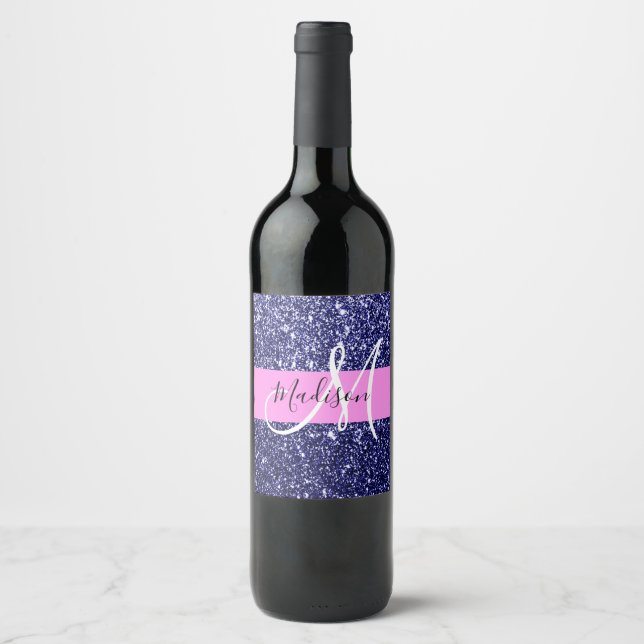 Glam Navy Blue Pink Glitter Sparkles Name Monogram Wine Label (Front)