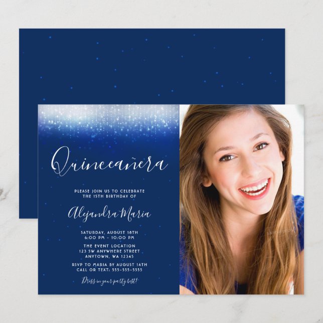 Glam Navy Blue Quinceanera Photo Invitation (Front/Back)