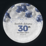 Glam Navy Blue Silver Balloon Glitter Birthday Paper Plate<br><div class="desc">Modern Glam Navy Blue Silver Balloon Glitter Sparkle Any Age Birthday Party Plates</div>