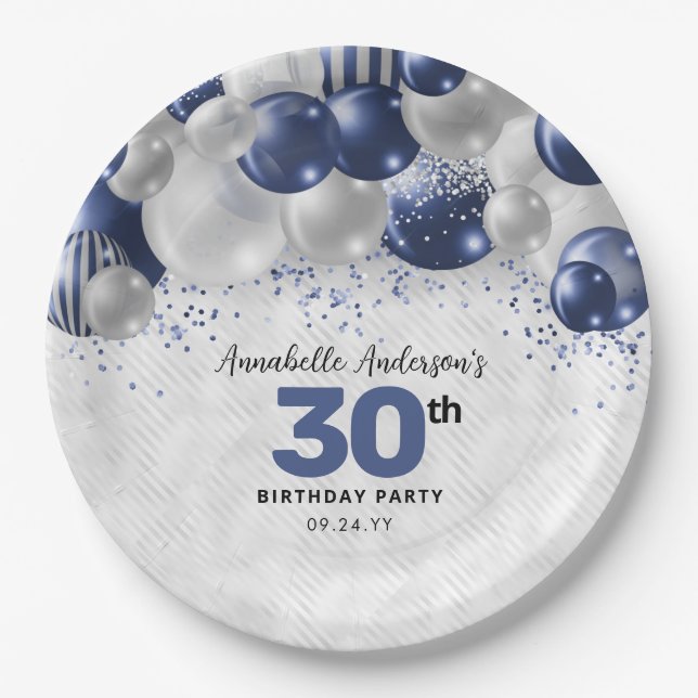 Glam Navy Blue Silver Balloon Glitter Birthday Paper Plate (Front)