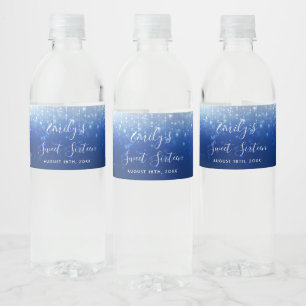 Glam Navy Blue Sweet 16 Water Bottle Label