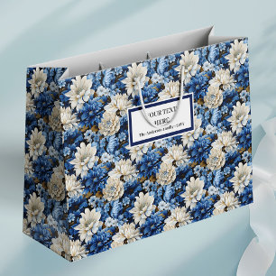 Glam Navy Ivory White Floral Designer Gift Bag