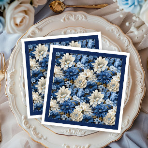 Glam Navy Ivory White Floral Party Paper Napkins