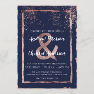 Glam Navy Rose Gold Confetti Brushstroke Wedding Invitation