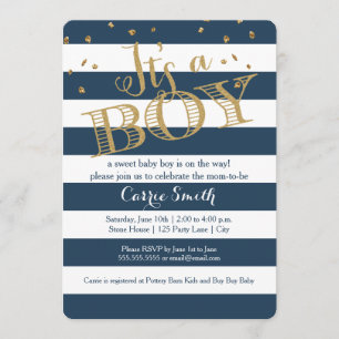 Glam Navy Rugby Stripe Boy Baby Shower Invitation