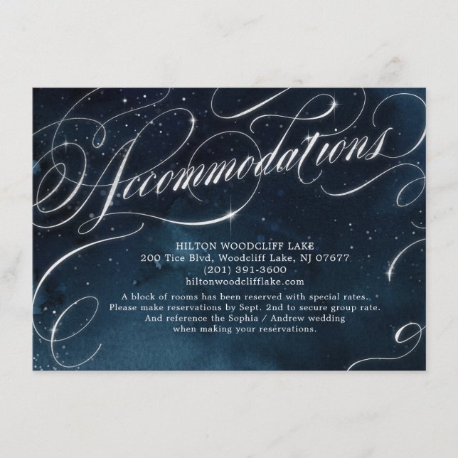 Glam navy silver vintage calligraphy accommodation enclosure card (Front)