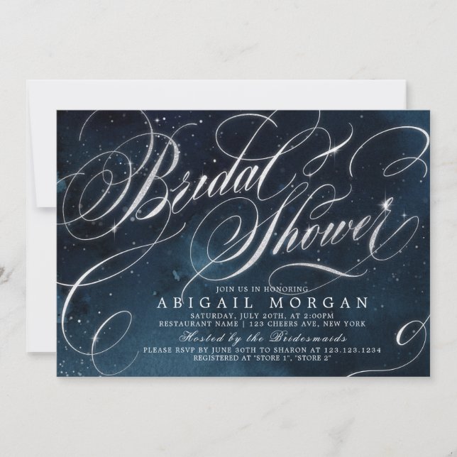 Glam navy silver vintage calligraphy Bridal Shower Invitation (Front)