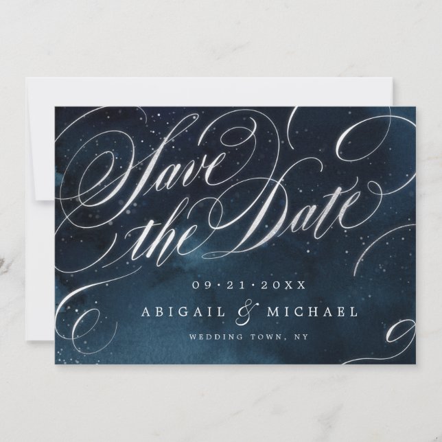 Glam navy silver vintage calligraphy save the date (Front)