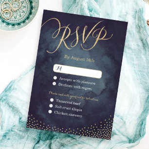 Glam night gold glitter calligraphy wedding RSVP Card