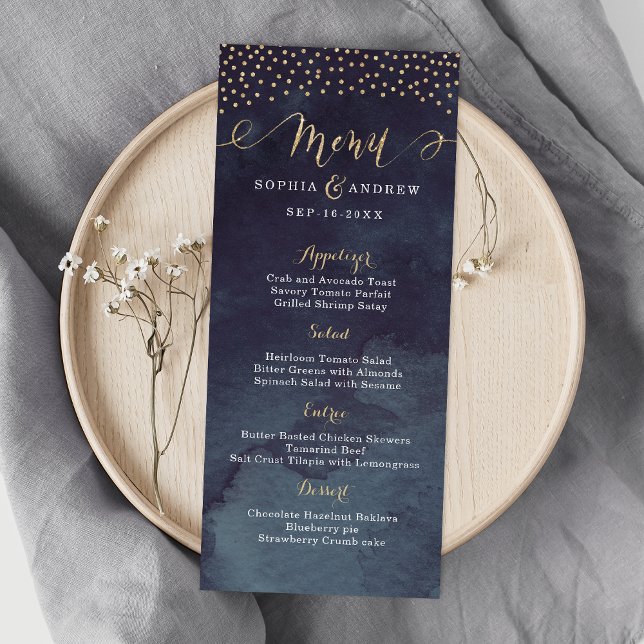Glam nuit faux or calligraphie mariage menu (Glam night faux gold calligraphy wedding menu)