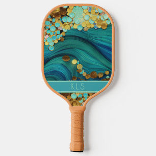 Glam Ocean Waves Teal & Gold Monogram Pickleball Paddle