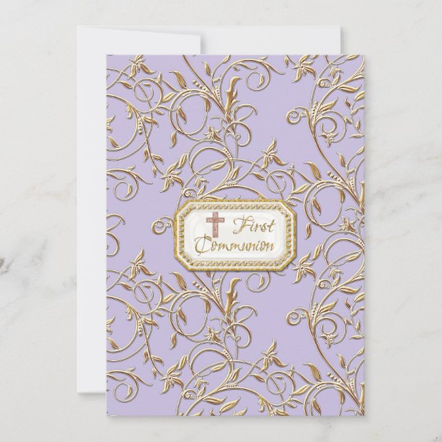 Glam Old Hollywood Regency Cross First Communion Invitation (Front)