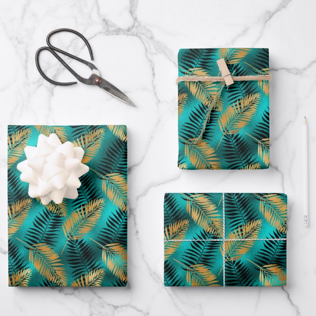 Glam Palm Feuilles or noir Turquoise Faux Foil (Recto)