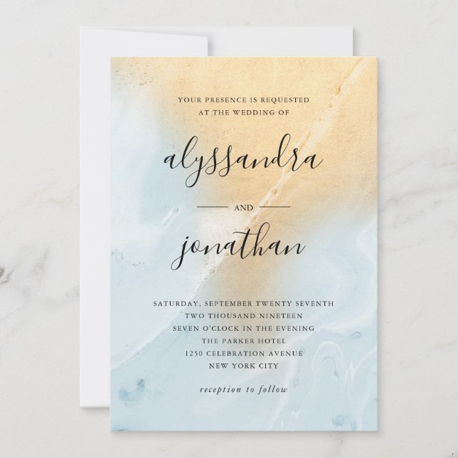 Glam Pastel Blue and Gold Marble Look | Wedding Invitation (Front)