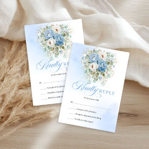 Glam Pastel Blue Peony Gold Wedding RSVP Card