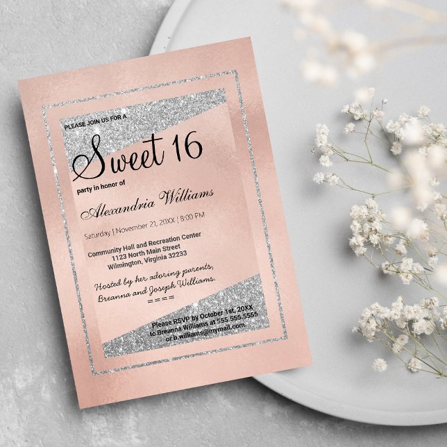 Glam Pastel Pink Rose Gold Silver Glitter Sweet 16 Invitation (Glam Pastel Pink Rose Gold Silver Glitter Sweet 16)