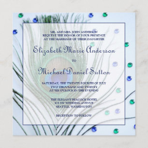 Glam Peacock Feather Blue Wedding Invitations