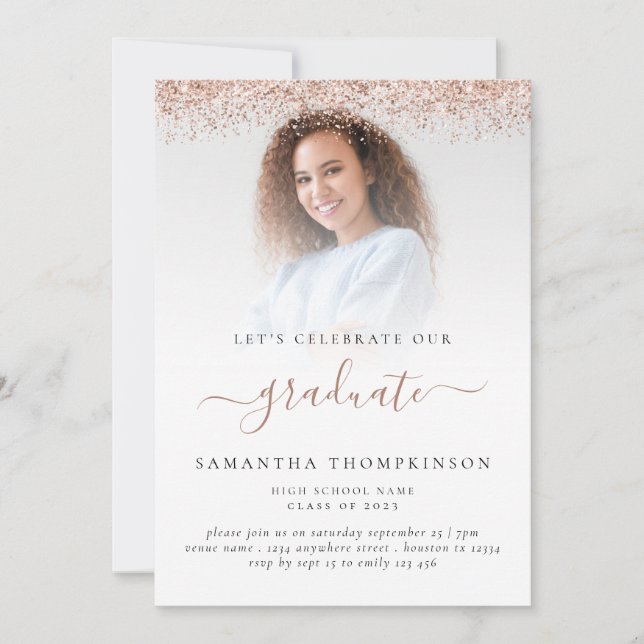 Glam Photo Rose Gold Glitter Graduation 2024 Invitation (Front)