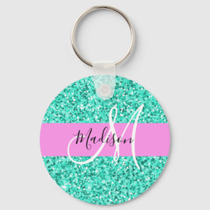 Glam Pink and Aqua Glitter Sparkles Monogram Name Keychain