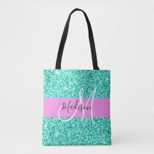 Glam Pink and Aqua Glitter Sparkles Monogram Name Tote Bag