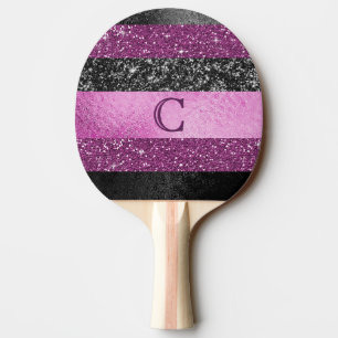 Glam Pink and Black Glitter Stripe Monogram Design Ping Pong Paddle
