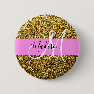Glam Pink and Gold Glitter Sparkles Monogram Name 2 Inch Round Button