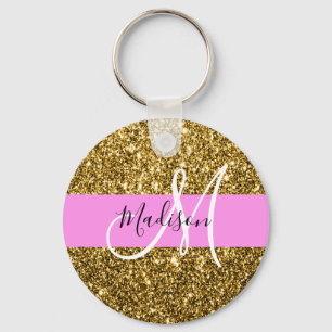 Glam Pink and Gold Glitter Sparkles Monogram Name Keychain