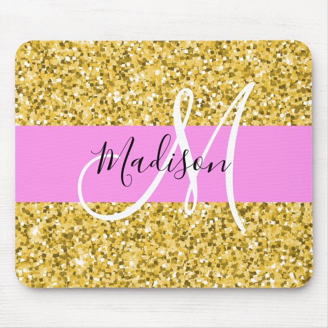Glam Pink and Gold Glitter Sparkles Monogram Name Mouse Pad (Front)
