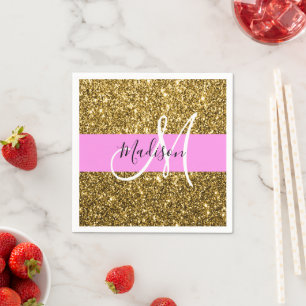 Glam Pink and Gold Glitter Sparkles Monogram Name Napkin