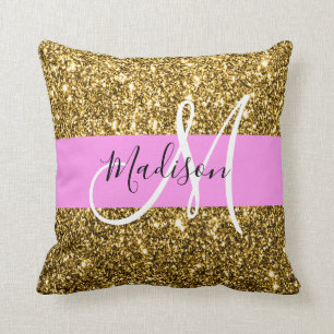 Glam Pink and Gold Glitter Sparkles Monogram Name Throw Pillow