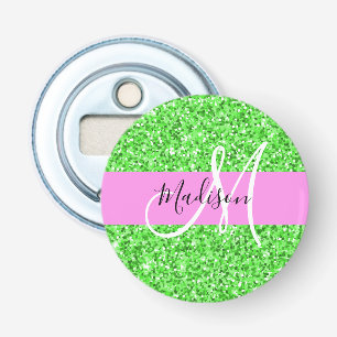 Glam Pink and Green Glitter Sparkles Monogram Name Bottle Opener