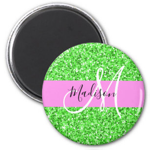 Glam Pink and Green Glitter Sparkles Monogram Name Magnet