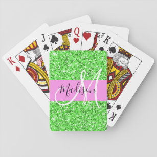Glam Pink and Green Glitter Sparkles Monogram Name Playing Cards