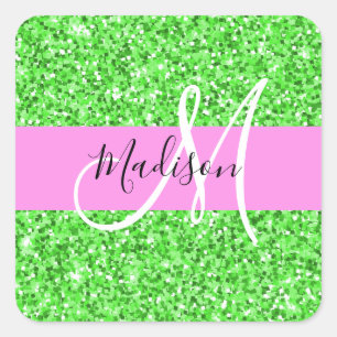 Glam Pink and Green Glitter Sparkles Monogram Name Square Sticker