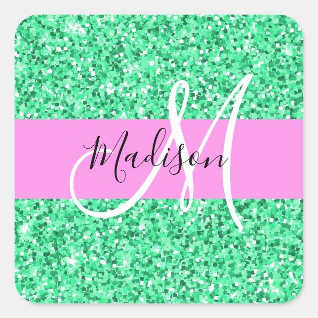Glam Pink and Green Glitter Sparkles Monogram Name Square Sticker (Front)