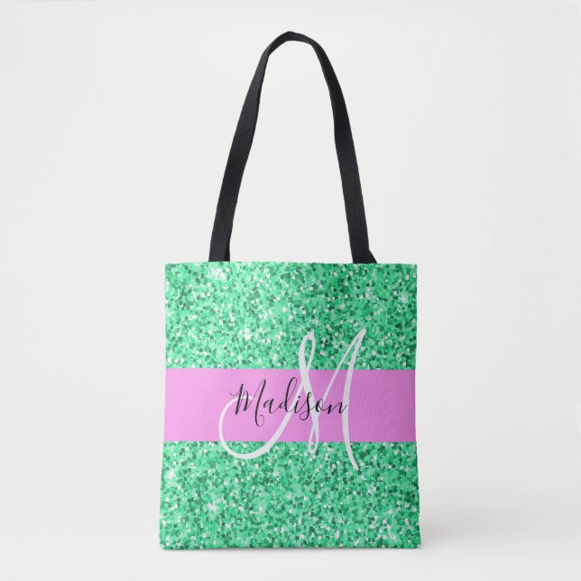 Glam Pink and Green Glitter Sparkles Monogram Name Tote Bag (Front)