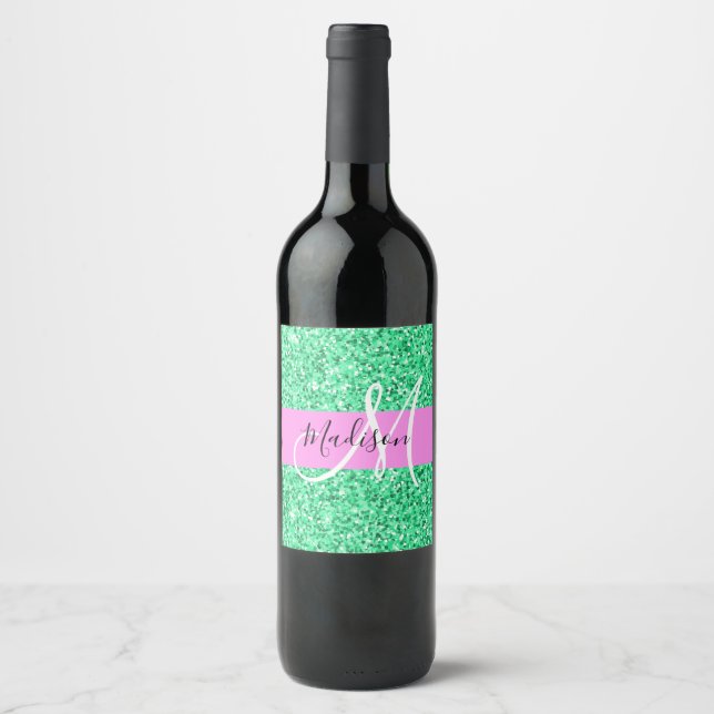 Glam Pink and Green Glitter Sparkles Monogram Name Wine Label (Front)