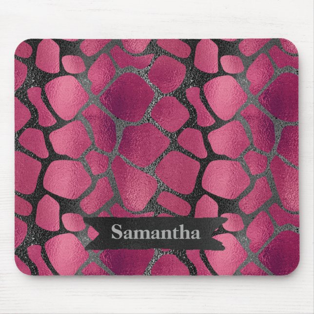 Glam pink black animal print glitter personalized mouse pad (Front)