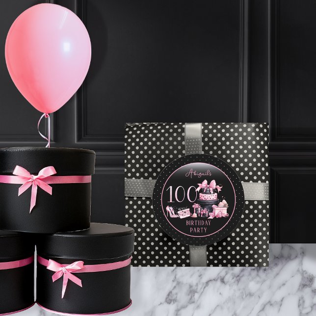 Glam Pink Black Fashion 100th Birthday Party Classic Round Sticker (Glam Pink and Black French Couture Fashion 100th Birthday Party Favor Stickers)