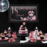 Glam Pink Black Fashion 18th Birthday Party Banner<br><div class="desc">Glamourous French couture-inspired,  pink and black "18" 18th birthday design featuring a hat box cake,  pink stilettos and a makeup bag among various unopened birthday presents and luscious cupcakes.  Perfect for celebrating birthday occasions.  Age is created in an uneditable faux pink glitter font.</div>