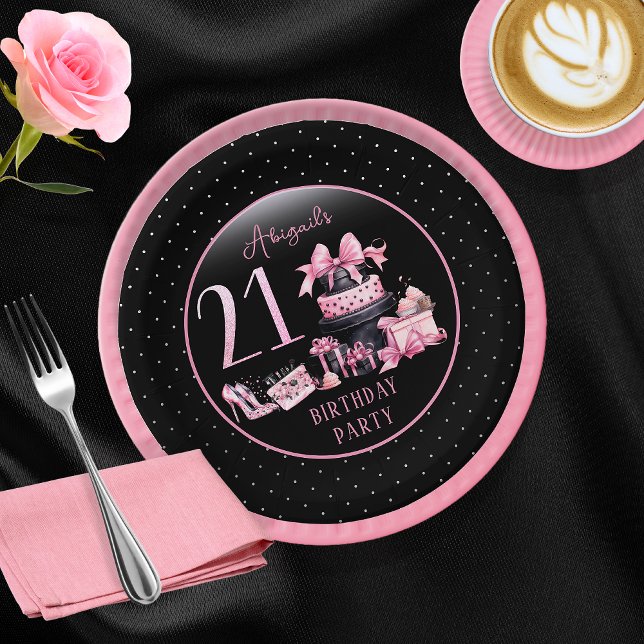 Glam Pink Black Fashion 21st Birthday Party Paper Plate (Glam Pink and Black French Couture Fashion 21st Birthday Party Paper Plates)