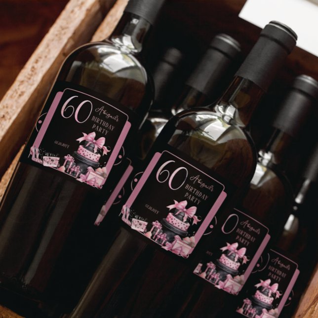 Glam Pink Black Fashion 60th Birthday Party Sparkling Wine Label (Glam Pink and Black French Couture Fashion 60th Birthday Party Bottle Labels)