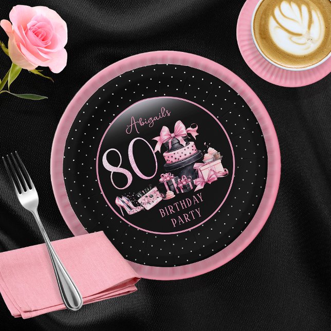 Glam Pink Black Fashion 80th Birthday Party Paper Plate (Glam Pink and Black French Couture Fashion 80th Birthday Party Paper Plates)