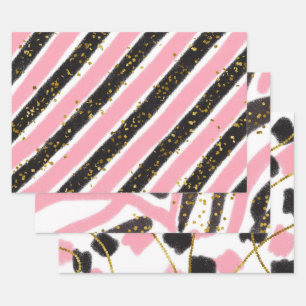 Glam Pink Black Gold Glitter Sparkle Pattern Wrapping Paper Sheet