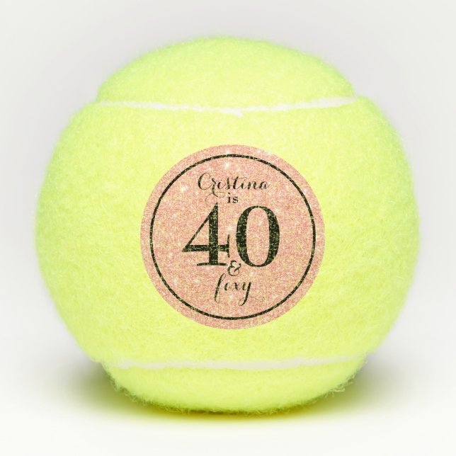 Glam Pink & Black Personalized 40 & Foxy Tennis Balls (Front)