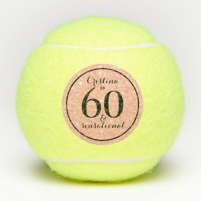 Glam Pink & Black Personalized 60 & Sensational Tennis Balls (Front)